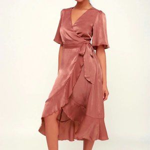 Wrapped Up In Love Mauve Satin Wrap Midi Dress